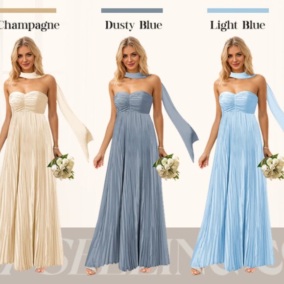 Dusty Blue Pleated Chiffon Strapless Dress with Scarf - Picture 4 of 5